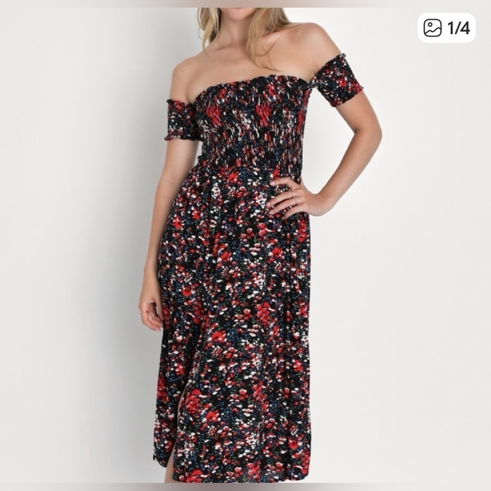 Lulu’s Chic Off-Shoulder Floral Midi Dress